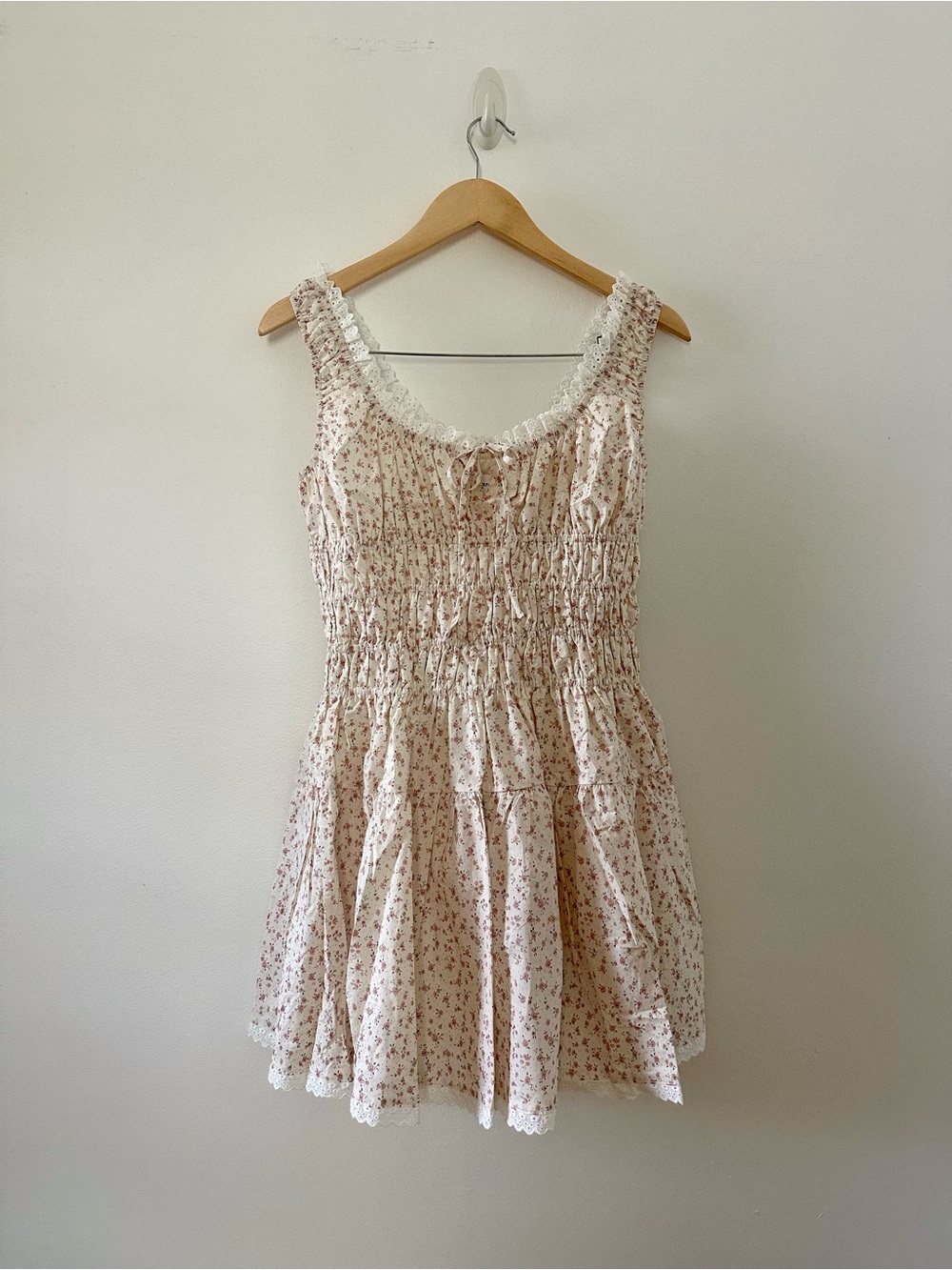 AUREUM Floral Cotton Smocked Mini Dress with Lace Trim